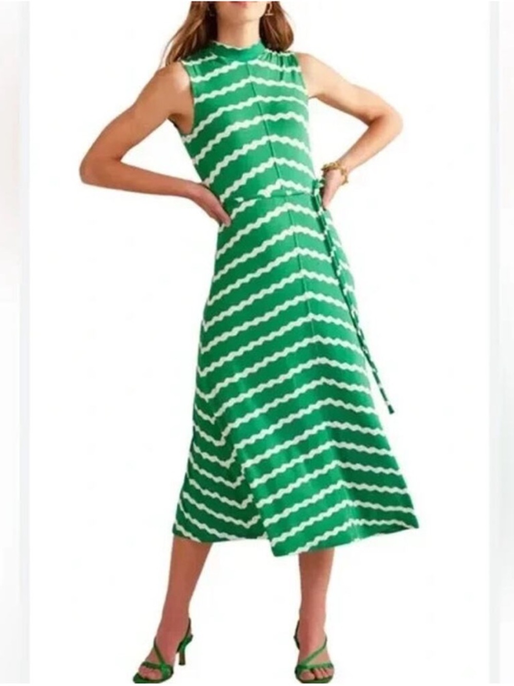 Boden Wavy Green and White Striped Dress
